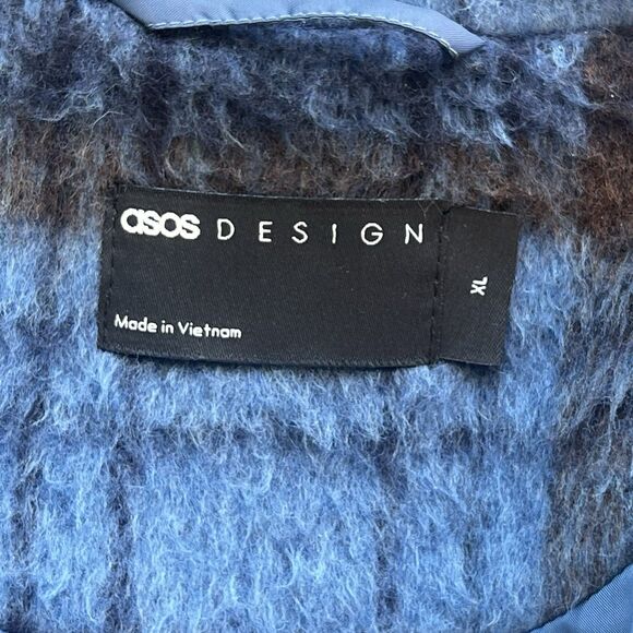 ASOS Men’s Oversized Wool Look Harrington Jacket Blue Brown Plaid Fuzzy XL - Picture 7 of 10